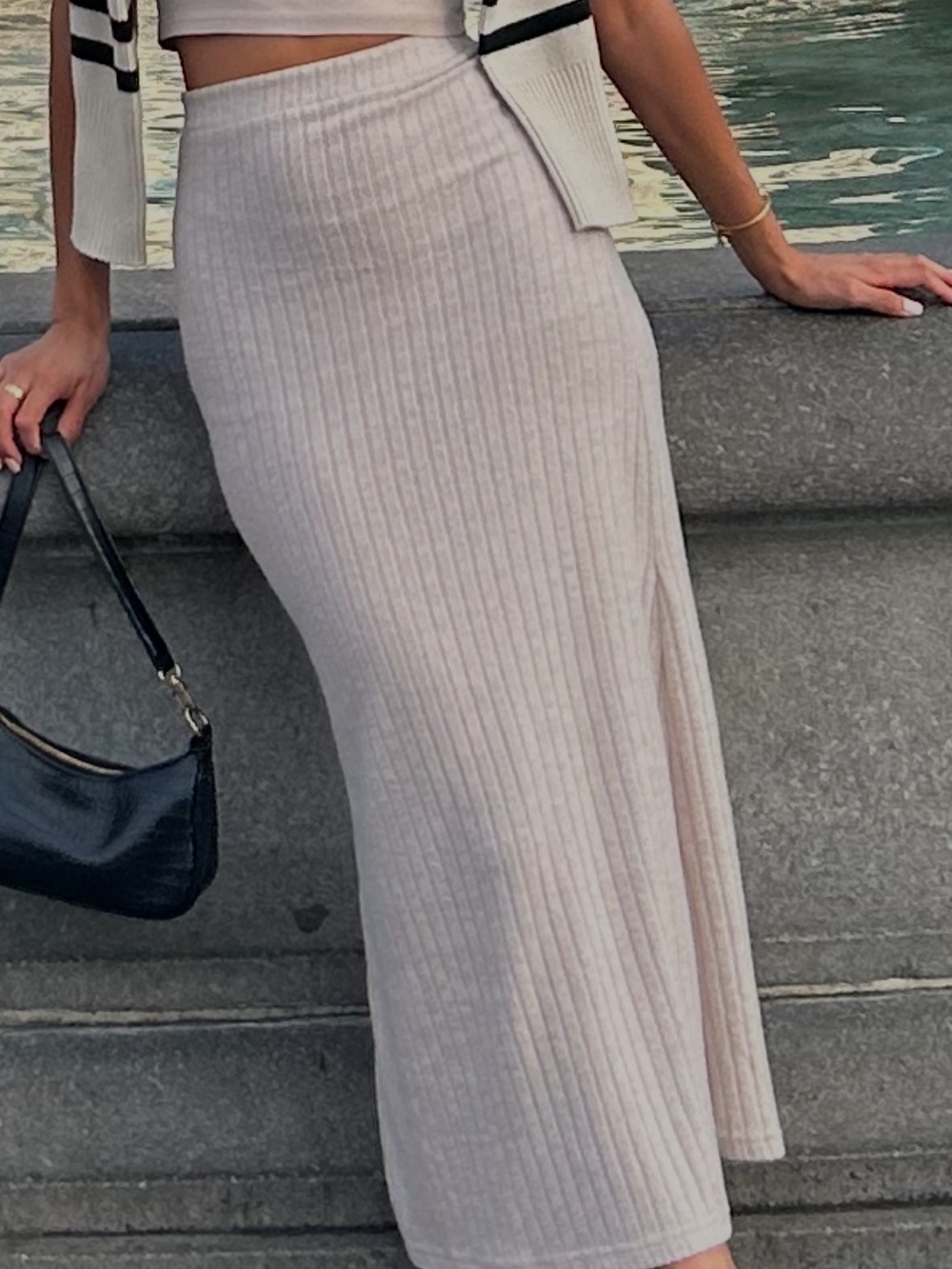 Knit Midi Skirt in Light Beige